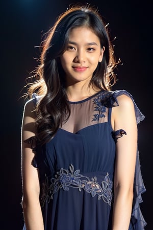 beautiful girl 20 years old, (Zee_JKT48, zeeJKT48), (cowboy shot), pale skin, (solid dark background:1.4), looking away, smile, (realistic:1.9), slender body,(detailed skin, detailed clothing, detailed texture:1.4), wearing a ((flowing chiffon gown with delicate ruffles in a soft powder blue hue, adorned with intricate lace detailing)), Raw Photo, (high quality:1.4)