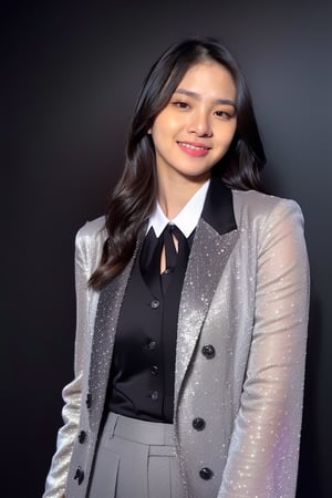 beautiful girl 20 years old, (Zee_JKT48, zeeJKT48), (cowboy shot), pale skin, (solid dark background:1.4), looking away, smile, (realistic:1.9), slender body,(detailed skin, detailed clothing, detailed texture:1.4), wearing a ((sleek tailored pantsuit in a muted lavender shade, featuring exaggerated sleeves and pearl embellishments)), Raw Photo, (high quality:1.4)