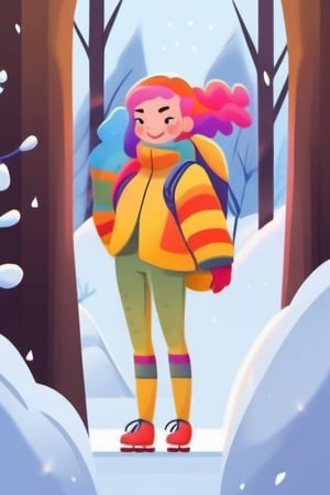 180 cm tall woman with rainbow colored hair posing in the forest area during snow sports,flash,flashlight,Flat Design