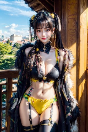 ((masterpiece, best quality, absurdres, 8K, super fine illustration, detailed eyes, beautiful face, light smile, shiny skin)), (((decorated with fur, sunny countryside, female_solo, 20 years old woman, full_body, huge breasts, hair ornaments))), looking at the viewer, standing, (((black fur-trimmed underwear, panties, fur-trimmed elbow_gloves, black_fluffy cuffs, yellow_fur-trimmed, black_fur-trimmed_gown))), (zettai ryoiki), ((scrunchie, long hair, cleavage, twin_tails)), long earings, asian girl, Japanese girl,asian girl
