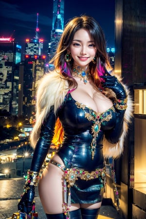 masterpiece, best quality, absurdres, 8K, super fine, best_lighting, (Buzzing cityscape at night with illuminated skyscrapers:1.4), (wonderland:1.6), fantasy_world, holy night, (cowboy_shot:1.4), (standing, various seductive posing:1.3), zettai_ryoiki, female_solo, 28 years old woman, (mature:1.4), beautiful woman, BREAK, elegant_prostitute, (seductive_smile:1.4), wavy_long_hair, huge_breasts, BREAK, (celebrity fashion, Statement Jewelry, Unique Handbags, Unconventional, Layered Gloves, Body Jewelry, Playful Color, Elegance, fur of Opulence, Iconic, Embellishment:1.5), (fur-trimmed fluffy_cuffs:1.5), (long earings_with_fur:1.4), asian girl, 1girl, eungirl,
