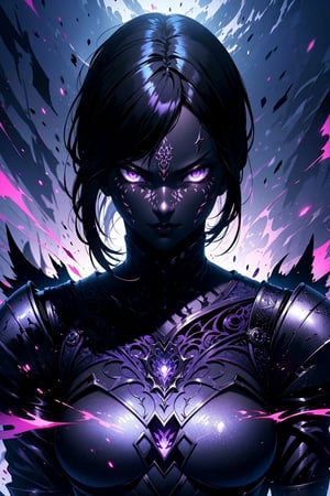 (1woman, black armor, purple aura, purple eyes),badass knight, dark shadow knight, dark aura, powerfull warrior, woman, female knight, ((extremely detailed)) ((masterpiece)) ((intricate design))