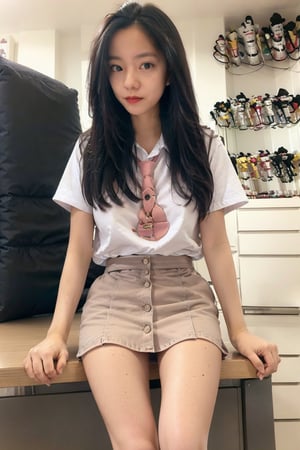 a woman in a uniform sitting on a table, school uniform, pink mini skirt, red mini skirt, white, mini skirt