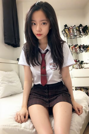 a woman in a uniform sitting on a bed, school uniform, pink mini skirt