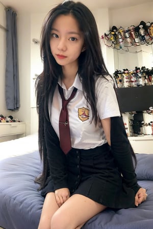 a woman in a uniform sitting on a bed, school uniform