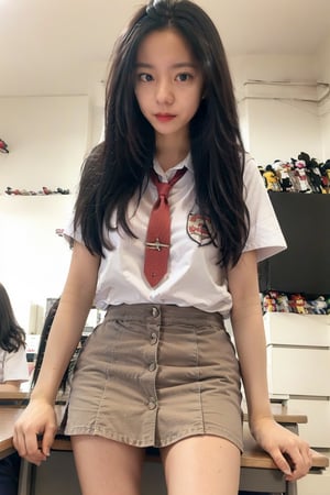 a woman in a uniform stand on a classroom, school uniform, pink mini skirt, red mini skirt, white, mini skirt