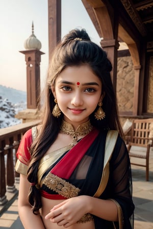 lovely cute young attractive indian teenage girl in a black transparent saree, an Instagram model, long blonde_hair, colorful hair, guloband, smiling  face, pahadi girl,  winter, Indian, shimla in background, forehead ornament, big ear rings, touch forehead ornament, full length, single red color dot on forhead