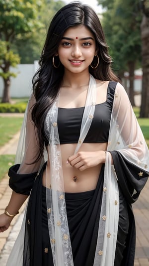 lovely cute young attractive indian teenage girl in a black transparent saree, an Instagram model, long blonde_hair, colorful hair, guloband, smiling  face, pahadi girl,  winter, Indian, rashmika mandhana