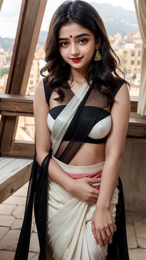 lovely cute young attractive indian teenage girl in a black transparent saree, an Instagram model, long blonde_hair, colorful hair, guloband, smiling  face, pahadi girl,  winter, Indian, shimla in background, big forehead ornament, pink blussed cheeks. dark red lipstick, thin eyebrow, 