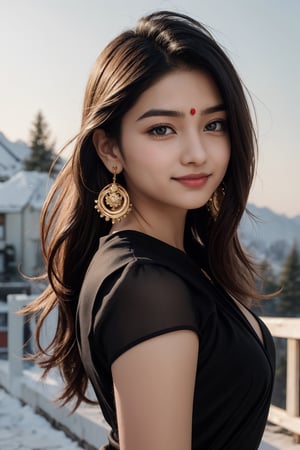 lovely cute young attractive indian teenage girl in a black transparent saree, an Instagram model, long blonde_hair, colorful hair, guloband, smiling  face, pahadi girl,  winter, Indian, shimla in background, forehead ornament, big ear rings, touch forehead ornament, full length, single red color dot on forhead, 20 years Jinguuji Nao, (photorealistic:1.4, realistic), highly detailed CG unified 8K wallpapers, 1girl, (((slender body:0.8))), ((small breasts:0.7)), looking at viewer, (HQ skin:1.4), 8k uhd, dslr, soft lighting, high quality, film grain, Fujifilm XT3, ((close up shot:1.2)), (((black dress, black mini skirt))), ((simple background, black background)), high_school_girl, bul4n, fantasy_princess, AI_Misaki