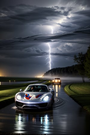 A high-speed shot of the sleek Porsche 918 Spyder coupé, blurred motion capturing its velocity as it zooms towards the camera. Amidst the pre-storm darkness, a mesmerizing display of water particles swirl around the vehicle, illuminated by subtle lightning flashes. The background is an eerie, misty lake with towering trees and dense fog, reflecting the car's sleek design. ((A LOT of water particles)) dance in the air, creating a dynamic composition that immerses the viewer.