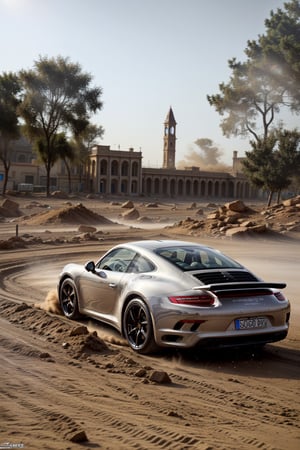 Beautiful car, coupé, dust and light particles, ((photorealistic)), motion blur, ultra hd, dynamic composition, ((dynamic pictures)), ((dynamic)), ((physically accurate picture)), interesting background, (((A LOT of dust))), Porsche 911, 