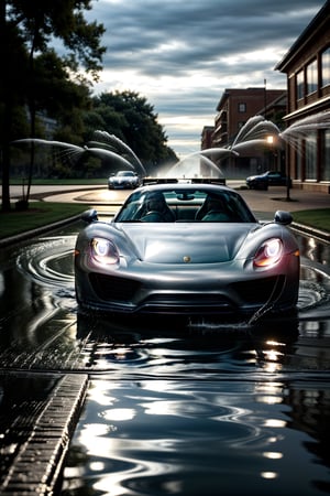 Beautiful car, coupé, water and light particles, ((photorealistic)), motion blur, ultra hd, dynamic composition, ((dynamic pictures)), ((dynamic)), ((physically accurate picture)), interesting background, (((A LOT of water particles))), Porsche 918 Spyder, dark ambiente, weather before a storm 
