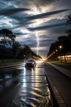 A high-speed shot of the sleek Ferrari Roma coupé, blurred motion capturing its velocity as it zooms towards the camera. Amidst the pre-storm darkness, a mesmerizing display of water particles swirl around the vehicle, illuminated by subtle lightning flashes. The background is an eerie, misty lake with towering trees and dense fog, reflecting the car's sleek design. ((A LOT of water particles)) dance in the air, creating a dynamic composition that immerses the viewer.