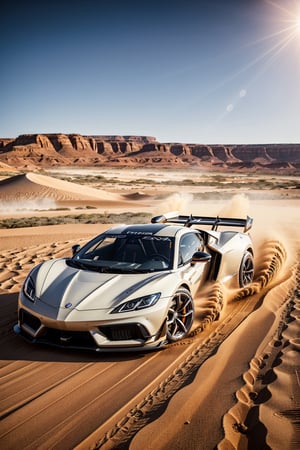Extreme Drifting through sand, kicking up sand with it's tires, detailed particles, dust shooting from the tires, elegant styling, mid engine supercar, dust and light particles, ((photorealistic)), ultra hd, dynamic composition, luxury car, dynamic pictures, ((physically accurate picture)),