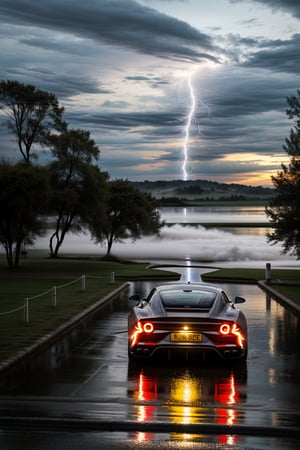 A high-speed shot of the sleek Ferrari SF90 coupé, blurred motion capturing its velocity as it zooms towards the camera. Amidst the pre-storm darkness, a mesmerizing display of water particles swirl around the vehicle, illuminated by subtle lightning flashes. The background is an eerie, misty lake with towering trees and dense fog, reflecting the car's sleek design. ((A LOT of water particles)) dance in the air, creating a dynamic composition that immerses the viewer.