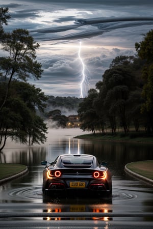 A high-speed shot of the sleek Ferrari SF90 coupé, blurred motion capturing its velocity as it zooms towards the camera. Amidst the pre-storm darkness, a mesmerizing display of water particles swirl around the vehicle, illuminated by subtle lightning flashes. The background is an eerie, misty lake with towering trees and dense fog, reflecting the car's sleek design. ((A LOT of water particles)) dance in the air, creating a dynamic composition that immerses the viewer.
