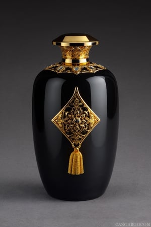 SD 1.5, beautiful perfume bottle,  Arabian style bottle, mysterious, ((extremely detailed)), Obsidian, very expensive design, golden design, extravagant, the bottle looks like 1 million dollars,