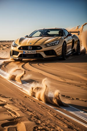Extreme Drifting through sand, kicking up sand with it's tires, detailed particles, sportscar, elegant styling, mid engine supercar, dust and light particles, ((photorealistic)), ultra hd, dynamic composition, luxury car, dynamic pictures,