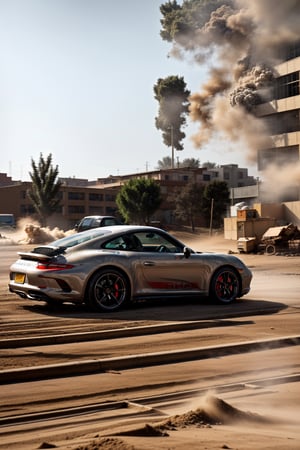 Beautiful car, coupé, dust and light particles, ((photorealistic)), motion blur, ultra hd, dynamic composition, ((dynamic pictures)), ((dynamic)), ((physically accurate picture)), interesting background, (((A LOT of dust))), Porsche 911, 