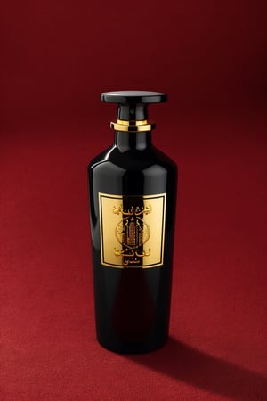 SD 1.5, beautiful perfume bottle,  Arabian style bottle, mysterious, (extremely detailed), Obsidian, very expensive design, golden design, extravagant, (the bottle looks like 1 million dollars), (((colour scheme of the bottle is black and red))),