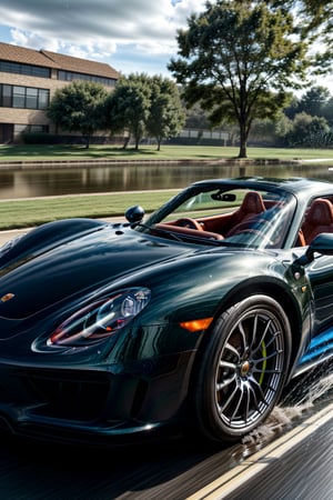 Beautiful car, coupé, water and light particles, ((photorealistic)), motion blur, ultra hd, dynamic composition, ((dynamic pictures)), ((dynamic)), ((physically accurate picture)), interesting background, (((A LOT of water particles))), Porsche 918 Spyder, ((dark ambiente)), weather before a storm 