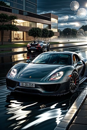 Beautiful car, coupé, water and light particles, ((photorealistic)), motion blur, ultra hd, dynamic composition, ((dynamic pictures)), ((dynamic)), ((physically accurate picture)), interesting background, (((A LOT of water particles))), Porsche 918 Spyder, dark ambiente, weather before a storm 