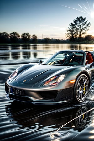Beautiful car, coupé, water and light particles, ((photorealistic)), motion blur, ultra hd, dynamic composition, ((dynamic pictures)), ((dynamic)), ((physically accurate picture)), interesting background, (((A LOT of water particles))), Porsche 918 Spyder, 