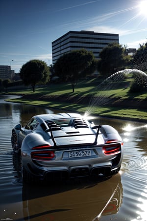 Beautiful car, coupé, water and light particles, ((photorealistic)), motion blur, ultra hd, dynamic composition, ((dynamic pictures)), ((dynamic)), ((physically accurate picture)), interesting background, (((A LOT of water particles))), Porsche 918 Spyder, dark ambiente, 
