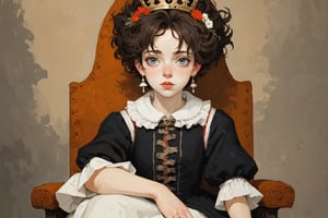 ((Best quality, High quality, masterpiece,  Digital_painting, ligne_claire, Anime_Illustration, Detailed eyes)), (((stylized art style, Painted by Rembrandt and Egon Schiele))), Abstract, Impression, 1 girl, Queen, Crown, Chair, Dress, Flowers, Negative spaces, Simple Bakground