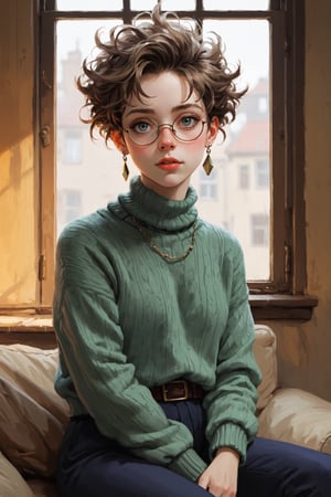 ((Best quality, High quality, masterpiece,  Digital_painting, ligne_claire, Anime_Illustration, Detailed eyes)), (((stylized art style, Painted by Rembrandt and Egon Schiele))), 1girl, earrings, jewelry, glasses, sweater, solo, looking_at_viewer, navel, indoors, turtleneck, ribbed_sweater, window, lips, sitting, pants, midriff, silver_hair, bangs, closed_mouth, plant, long_sleeves, short_hair, couch, turtleneck_sweater, grey_eyes, day