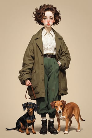 ((Best quality, High quality, masterpiece,  Digital_painting, ligne_claire, Illustration, Detailed eyes)), (((stylized art style, Painted by Rembrandt and Egon Schiele))), 1 girl, Full body_shot, Oversized Jacket, Oversized Pants, Grap a 1 apple by hand, (1 dog, dachshund)