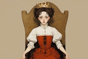 ((Best quality, High quality, masterpiece,  Digital_painting, ligne_claire, Anime_Illustration, Detailed eyes)), (((stylized art style, Painted by Rembrandt and Egon Schiele))), Abstract, Impression, 1 girl, Queen, Crown, Chair, Dress, Flowers, Negative spaces, Simple Bakground