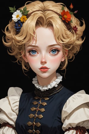 ((Best quality, High quality, masterpiece,  Digital_painting, ligne_claire, Anime_Illustration, Detailed eyes)), (((stylized art style, Painted by Rembrandt and Egon Schiele))), 1girl, solo, lips, blonde_hair, white_dress, upper_body, dress, artist_name, long_sleeves, black_background, watermark, parted_lips, makeup, wide_sleeves, looking_at_viewer, short_hair, realistic, flower, lipstick, staff, blue_eyes, crown, simple_background, hair_ornament, eyelashes