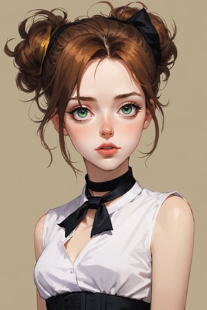 ((Best quality, High quality, masterpiece,  Digital_painting, ligne_claire, Anime_Illustration, Detailed eyes)), (((stylized art style, Painted by Rembrandt and Egon Schiele))),, 1girl, solo, striped, black_choker, white_shirt, choker, shirt, sleeveless, vertical_stripes, lips, collared_shirt, purple_hair, looking_at_viewer, hair_bun, ribbon, black_ribbon, upper_body, realistic, green_eyes, sleeveless_shirt, nose, hair_between_eyes, breasts, black_neckwear