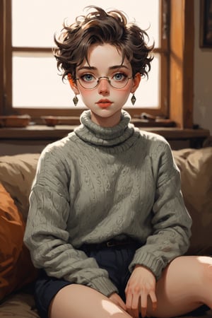 ((Best quality, High quality, masterpiece,  Digital_painting, ligne_claire, Anime_Illustration, Detailed eyes)), (((stylized art style, Painted by Rembrandt and Egon Schiele))), 1girl, earrings, jewelry, glasses, sweater, solo, looking_at_viewer, navel, indoors, turtleneck, ribbed_sweater, window, lips, sitting, pants, midriff, silver_hair, bangs, closed_mouth, plant, long_sleeves, short_hair, couch, turtleneck_sweater, grey_eyes, day