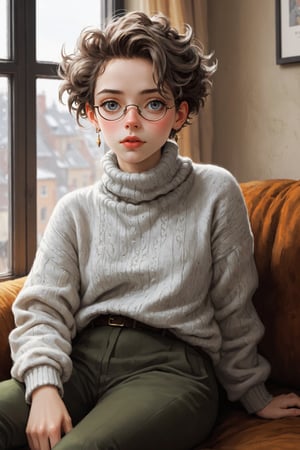 ((Best quality, High quality, masterpiece,  Digital_painting, ligne_claire, Anime_Illustration, Detailed eyes)), (((stylized art style, Painted by Rembrandt and Egon Schiele))), 1girl, earrings, jewelry, glasses, sweater, solo, looking_at_viewer, navel, indoors, turtleneck, ribbed_sweater, window, lips, sitting, pants, midriff, silver_hair, bangs, closed_mouth, plant, long_sleeves, Midium_hair, couch, turtleneck_sweater, grey_eyes, day, medium length hair, Greay hair, Gray colored hair