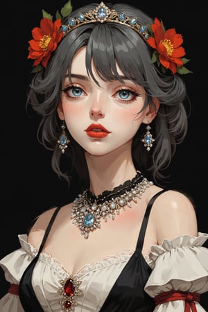 ((Best quality, High quality, masterpiece,  Digital_painting, ligne_claire, Anime_Illustration, Detailed eyes)), (((stylized art style, Painted by Rembrandt and Egon Schiele))), 1girl, solo, closed_eyes, lips, necklace, long_hair, tiara, crown, eyelashes, jewelry, black_background, red_lips, flower, upper_body, bangs, closed_mouth, makeup, freckles, white_hair, lipstick, lace, mole, veil, hair_ornament, blunt_bangs, red_lipstick, red_flower, silver_hair, dress, artist_name