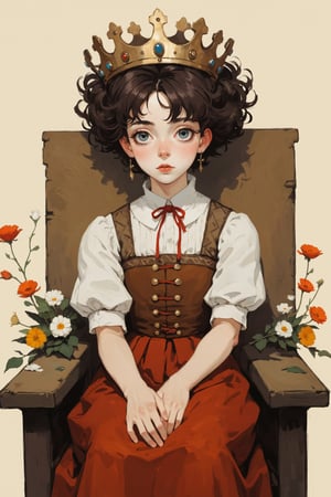 ((Best quality, High quality, masterpiece,  Digital_painting, ligne_claire, Anime_Illustration, Detailed eyes)), (((stylized art style, Painted by Rembrandt and Egon Schiele))), Abstract, Impression, 1 girl, Queen, Crown, Chair, Dress, Flowers, Negative spaces, Simple Bakground