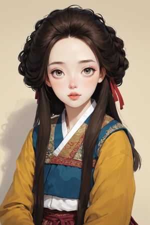 ((Best quality, High quality, masterpiece,  Digital_painting, ligne_claire, Anime_Illustration, Detailed eyes)), (((stylized art style, Painted by Rembrandt and Egon Schiele))), natural skin, 1 beatiful girl, korean, Long hair, straight_hair, ,Hanbok,