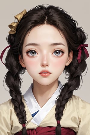 ((Best quality, High quality, masterpiece,  Digital_painting, ligne_claire, Anime_Illustration, Detailed eyes)), (((stylized art style, Painted by Rembrandt and Egon Schiele))), natural skin, 1 beatiful girl, korean, Long hair, straight_hair, ,Hanbok,korean girl