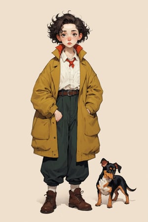 ((Best quality, High quality, masterpiece,  Digital_painting, ligne_claire, Anime_Illustration, Detailed eyes)), (((stylized art style, Painted by Rembrandt and Egon Schiele))), 1 girl, Full body_shot, Oversized Jacket, Oversized Pants, Grap a 1 apple by hand, (1 dog, dachshund)