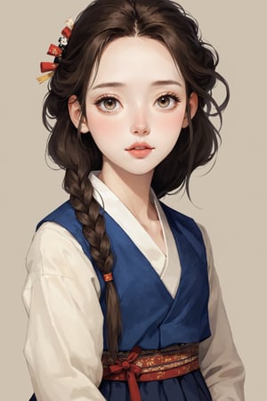 ((Best quality, High quality, masterpiece,  Digital_painting, ligne_claire, Anime_Illustration, Detailed eyes)), (((stylized art style, Painted by Rembrandt and Egon Schiele))), natural skin, 1 beatiful girl, korean, Long hair, straight_hair, ,Hanbok,