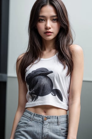 ((Best quality, High quality, masterpiece, Hyper detailed skin, Detailed eyes)), 1girl, White sleeveless T-shirt, black padded jacket, black dolphin pants, Korean, korean make up