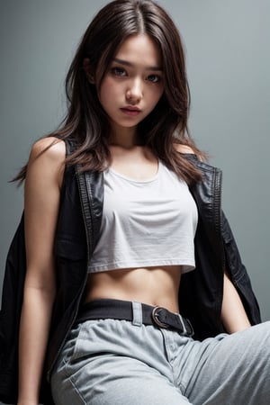 ((Best quality, High quality, masterpiece, Hyper detailed skin, Detailed eyes)), 1girl, White sleeveless T-shirt, black padded jacket, black dolphin pants, Korean, korean make up