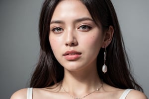 ((Best quality, High quality, masterpiece, Hyper detailed skin, Detailed eyes)), jewelry, earrings, closed_eyes, realistic, lips, parted_lips, nose, necklace, eyelashes, 1girl, pearl_necklace, Korean, red_lips, asian, watermark, teeth, black_hair