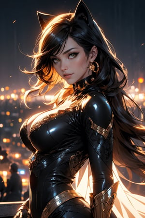 (RAW Photo, Best Quality), (Real, Photorealistic: 1.1), Best Quality, Masterpiece, Beautiful, 16K, (HDR: 1.2), High Contrast, (Vivid Color: 1.3),
1 Cat woman, rooftop of a skyscraper, supple cat pose, long chestnut hair, black shiny cat woman mask, crimson rouge, front view, big eyes glaring at you, fearless smile, body line Sexy black Suits, jet black night sky and supermoon background, cinematic lighting, ambient lighting, side lighting, exquisite details and textures, cinematic shots, warm tones, (bright and intense: 1.1), wide shots,  ultra-realistic illustration, natural proportions of Siena, (fantasy theme): 1.3), (fractal artwork: 1.3), low angle view, big breast 