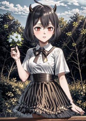 ((masterpiece)), ((Better quality)), 1girl, short black hair, Secre, horn. | {clothes}: (short white shirt). | {Scenario}: (Forest).