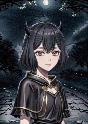 ((masterpiece)), ((Better quality)), secre, horns, black capelet, black dress, looking at viewer, upper body, night, moon, withered trees, looking at viewer