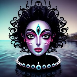 women dark black face with diamond shining eyes looking straight at you in a boat More surrealism and madness.much more surrealism and crazy designs.  surrealism and bizarre designs with bright vibrant colours